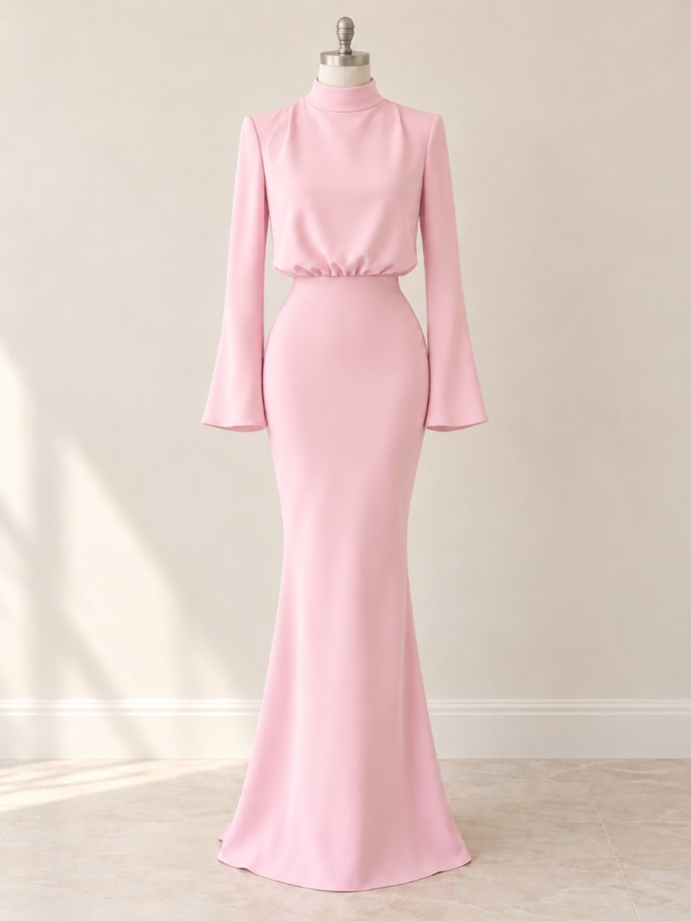 CLUB L LONDON : Celina | Light Pink Satin High-Neck Maxi Dress